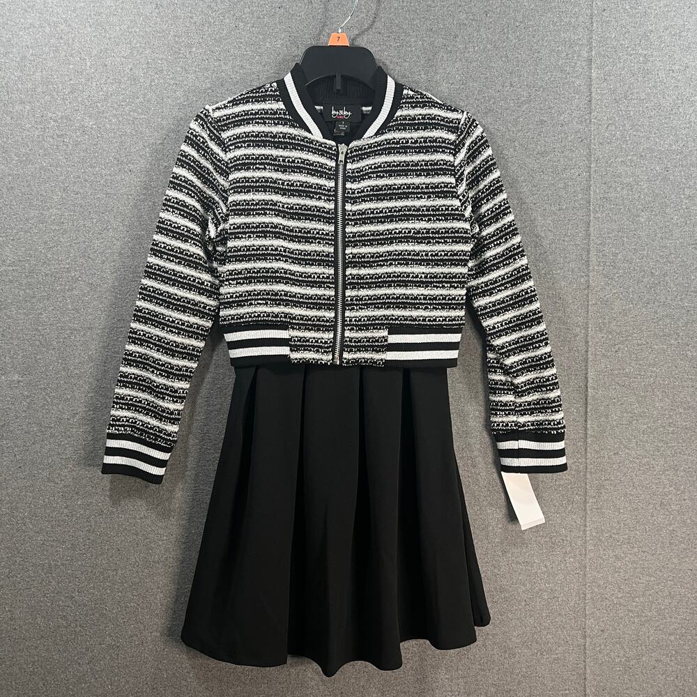 Big Girls Long Sleeve Stripe Jacket & Solid Sleeveless Fit & Flare Dress Size 7